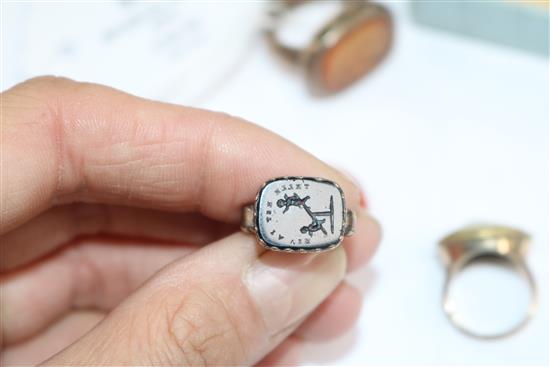 A 9ct gold mounted oval intaglio pendant and other items including seals and a ring.